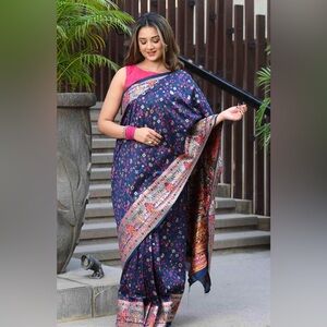 New woven pashmina silk saree midnight with blue antique gold accents & minakari